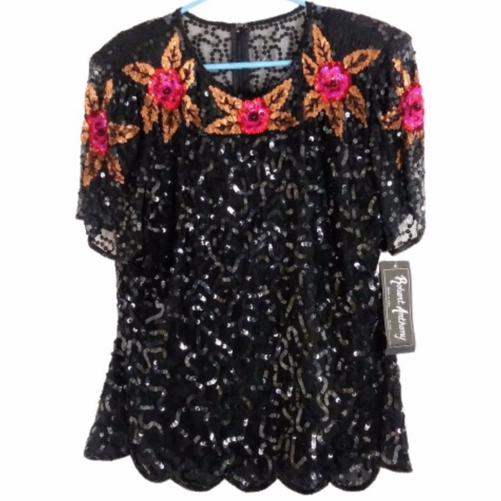 VINTAGE ROBERT ANTHONY BLACK BEADED BLOUSE with RED GOLD FLORAL ACCENTS NWT
